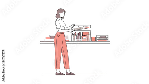 Minimalist illustration of a woman organizing office supplies on a white background
