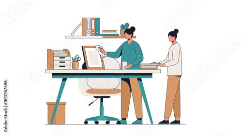 Office cleaning illustration: two women cleaning office desk, files, and workspace
