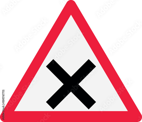 Road intersection warning sign a black cross symbol on a white triangle with a red border indicating a crossroads ahead for traffic safety