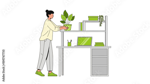 Woman arranging plant and creating cozy minimalist office workspace illustration