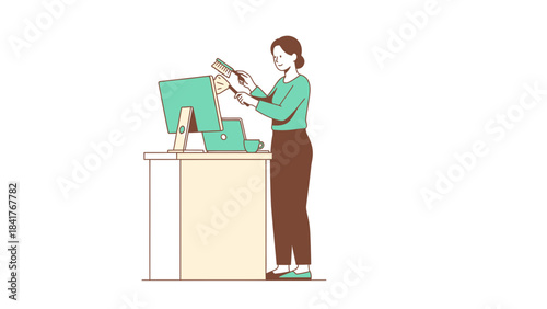 Woman Cleaning a Computer Monitor and Accessories on a Desk Illustration