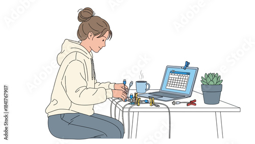 Woman fixing technical components at desk with laptop representing concept of work and technology