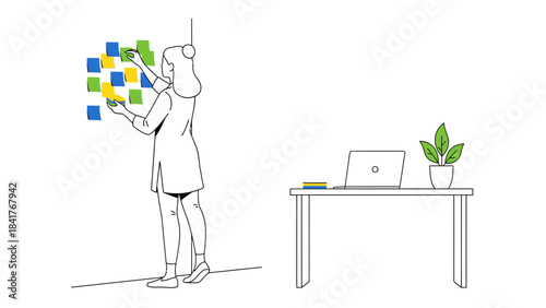 Woman organizing sticky notes in office, planning and project management concept illustration