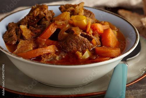 Spicy beef winter casserole shot close up.