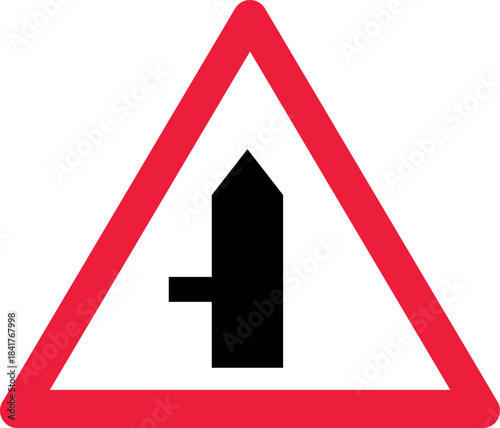 Road junction sign traffic warning symbol indicating a side road entering from the left for road safety and navigation