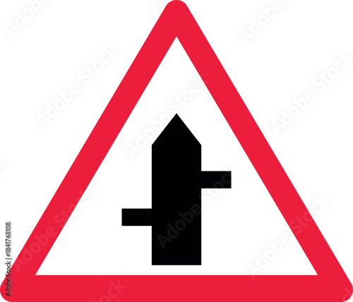 Road junction warning sign traffic symbol indicating a priority road crossing with side roads isolated vector illustration