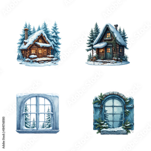 Collection of watercolor winter cabins, snowy pine trees, and arched windows with snow and evergreens