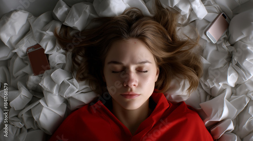 Frau liegt umgeben von zerknülltem Papier in nachdenklicher oder erschöpfter Pose