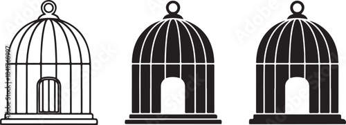 Three Stylized Bird Cages in Black and White Line Art and Silhouette outline