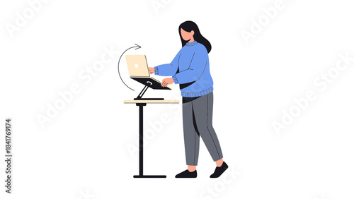 Woman working on laptop standing with adjustable stand illustrating ergonomic work setup