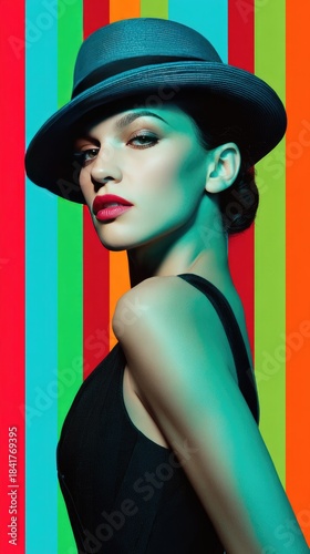 Wallpaper Mural Stylish Woman in Hat against Vibrant Striped Background: Modern Fashion Photography Torontodigital.ca