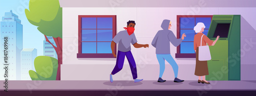 Woman on the street uses ATM bank cash machine, automated teller machine, men behind her who wants to rob flat vector