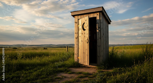 Solitary outhouse in a peaceful sunlit grassy field