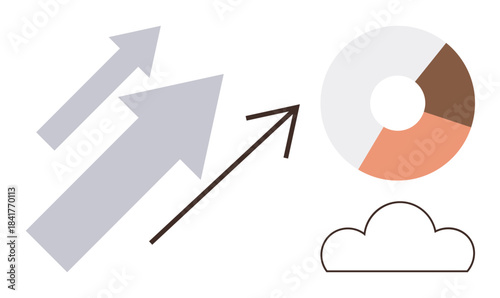 Three upward arrows signifying growth, a segmented pie chart symbolizing data analysis, and a cloud icon ideal for success, progress, business, growth, strategy, data innovation. A simple flat