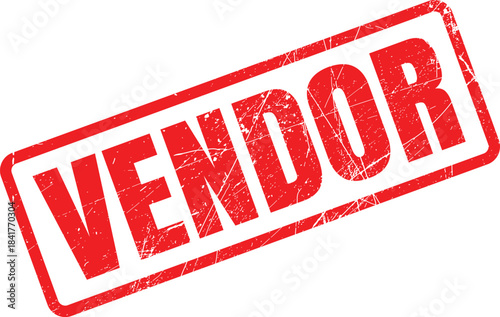 Bold red VENDOR text with a rugged rubber stamp effect positioned on a clean white field