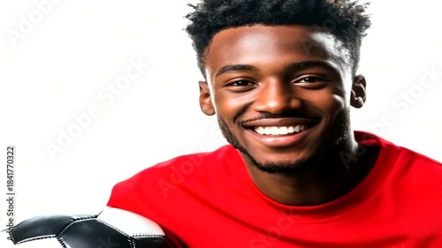 Young smiling black man holding soccer ball in red shirt isolated on white background