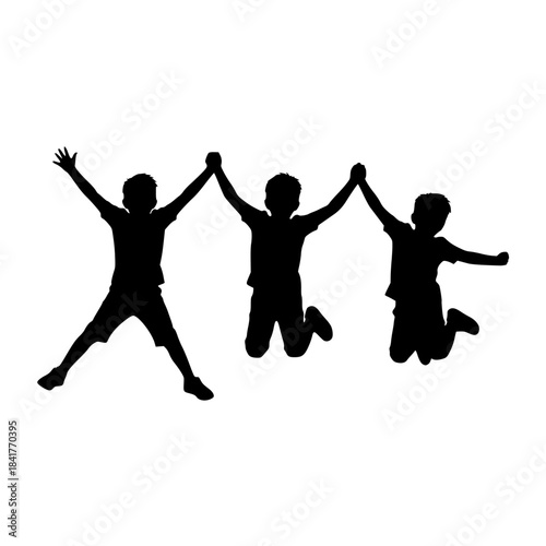 Three silhouetted children jumping and holding hands