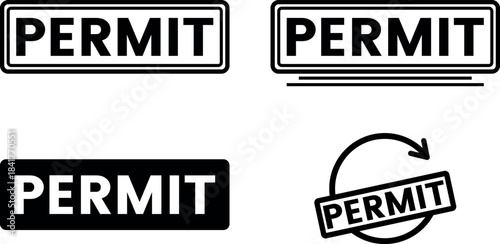 Permit label icons set - approved sign badges, rectangular stamp styles, outline and solid vector icons