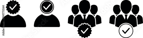 Verified user and team icons - people with check mark badge, approved staff, trusted account symbols vector