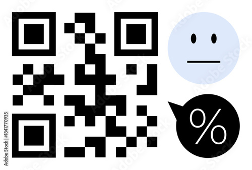 Digital payment, discounts, online identity, customer feedback, marketing tools, data sharing. QR code alongside a neutral face icon and speech bubble with a percent symbol. Digital payment