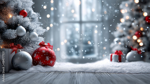 Weihnachtliche Dekoration mit roten Kugeln und Geschenken vor verschneitem Fenster