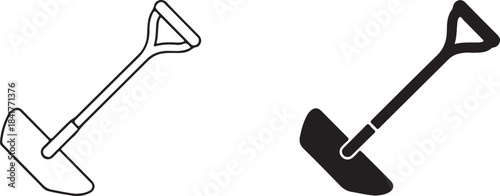 Two stylized icons of a shovel on a white background Keywords: shovel, tool, gardening, digging, construction, equipment, implement
