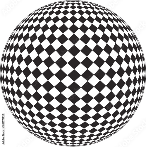 sphere with a checkered pattern, optical illusion design creating a warped 3d effect, ideal for abstract artwork, geometric backgrounds, modern graphic design projects, and visually striking vector 
