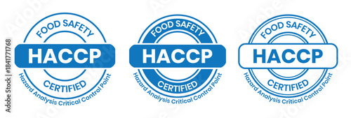 HACCP Hazard Analysis Critical Control Points, Food Safety system, logo, badge, icon, sticker, label, emblem, stamp, symbol, green, golden, flat vector, isolated illustration. HACCP Certified.