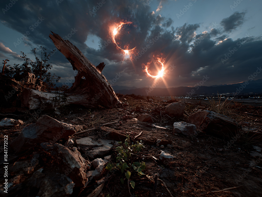 Obraz premium a surreal, fantastical scene with a large, glowing, fire-like orb in the sky, surrounded by dark clouds. In the foreground, there is a weathered log with a sharp, menacing appearance