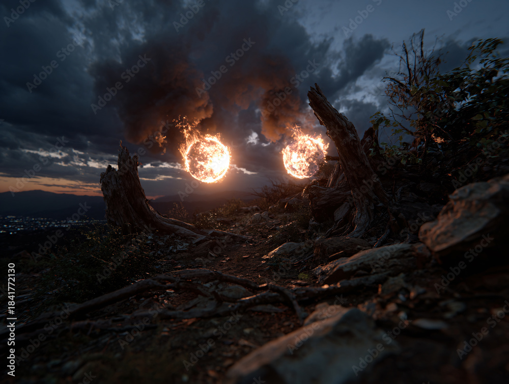 Obraz premium a surreal, fantastical scene with a large, glowing, fire-like orb in the sky, surrounded by dark clouds. In the foreground, there is a weathered log with a sharp, menacing appearance