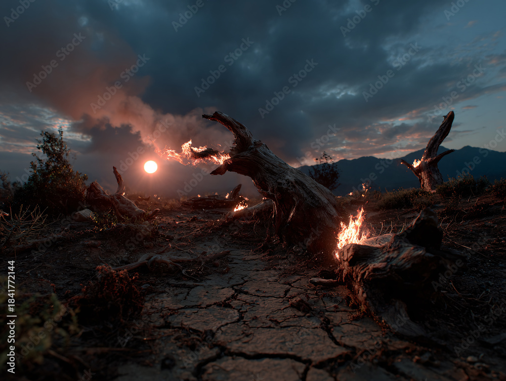 Obraz premium a surreal, fantastical scene with a large, glowing, fire-like orb in the sky, surrounded by dark clouds. In the foreground, there is a weathered log with a sharp, menacing appearance