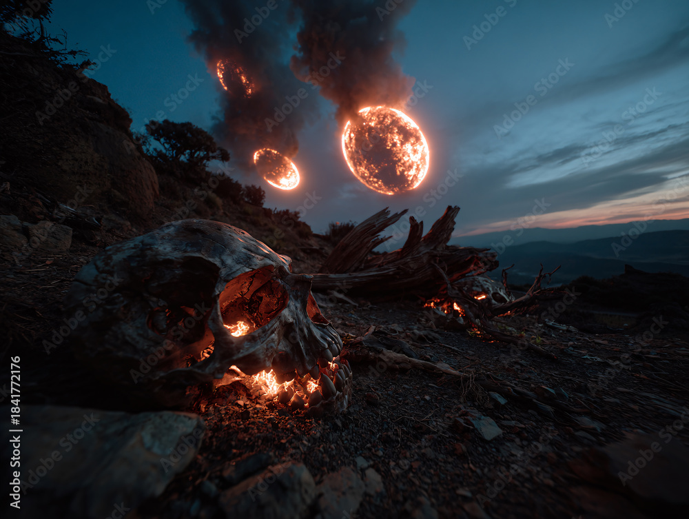 Obraz premium a surreal, fantastical scene with a large, glowing, fire-like orb in the sky, surrounded by dark clouds. In the foreground, there is a weathered log with a sharp, menacing appearance