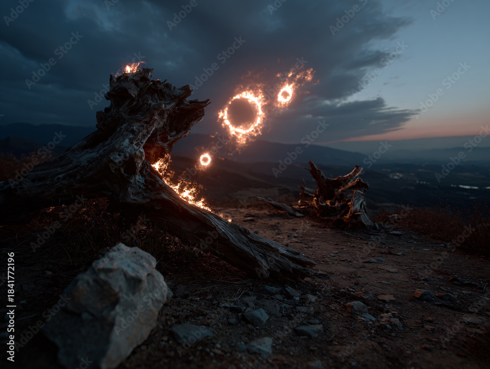 Obraz premium a surreal, fantastical scene with a large, glowing, fire-like orb in the sky, surrounded by dark clouds. In the foreground, there is a weathered log with a sharp, menacing appearance