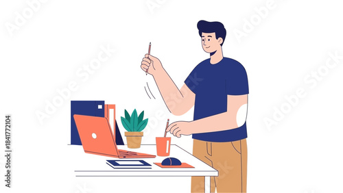 Illustration of a man working at his desk with a laptop and a pencil in hand for work or office