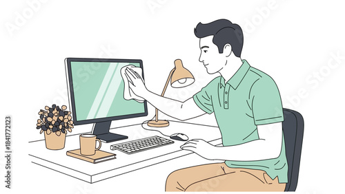 A man cleaning a computer monitor at a desk in an office workspace illustration