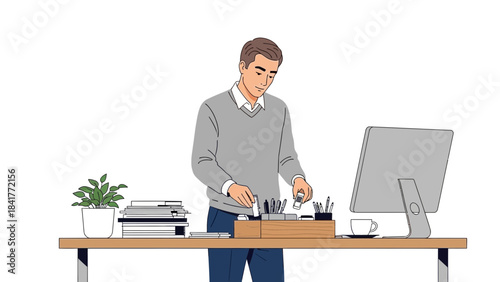 A man organizing his desk, computer and office supplies in a modern workspace illustration