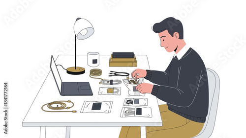 A man organizing cables and electronics on a desk with a laptop and lamp