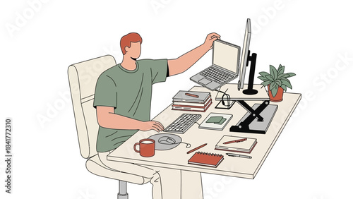 A man working on his laptop setup at a desk, illustration style, vector graphics
