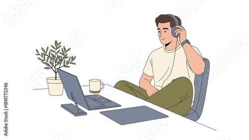 A man working on his laptop while listening to music with headphones in a home office