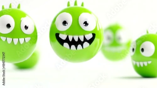 Green cartoon monsters with sharp teeth standing on white background in 3D illustration