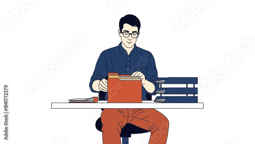 A Person with glasses looking at documents sitting at their desk in an office setting
