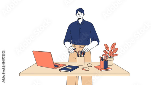 An illustration of a person working at a desk with a laptop and other stationary items
