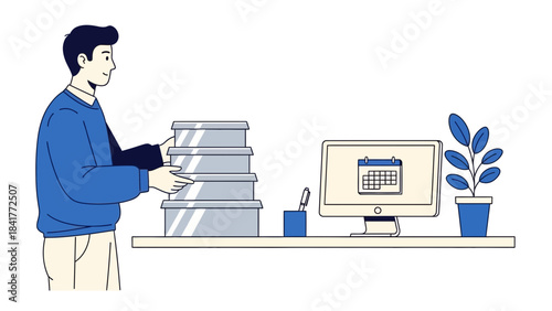 An illustration of a person carrying boxes near a computer and plant in the office