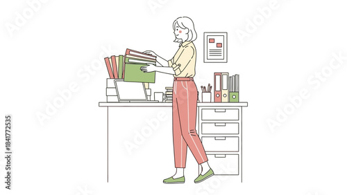An illustration of a woman working at her desk organizing files and paperwork