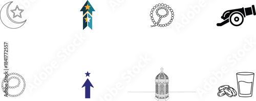 Various Ramadan themed including crescent moon star and cannon