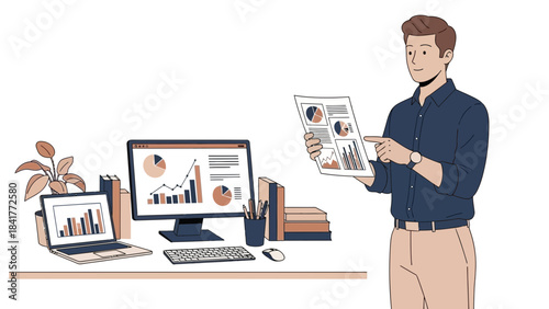 Business analyst presenting financial data on paper with computer, diagrams, and graphs