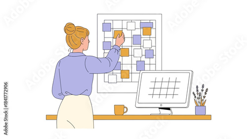 Businesswoman Planning Strategy with Sticky Notes on a Wallboard and Computer