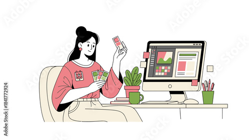 Graphic Designer Working on a Computer Design Illustration with Color Palette and Plants