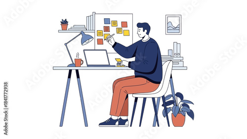 Illustration of a man working from home using a laptop and writing notes on sticky notes