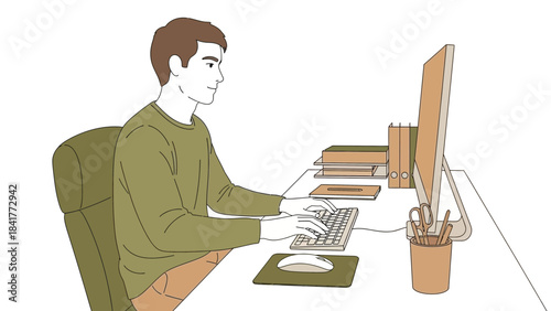 Illustration of a man working on a computer at his desk with office supplies and a monitor